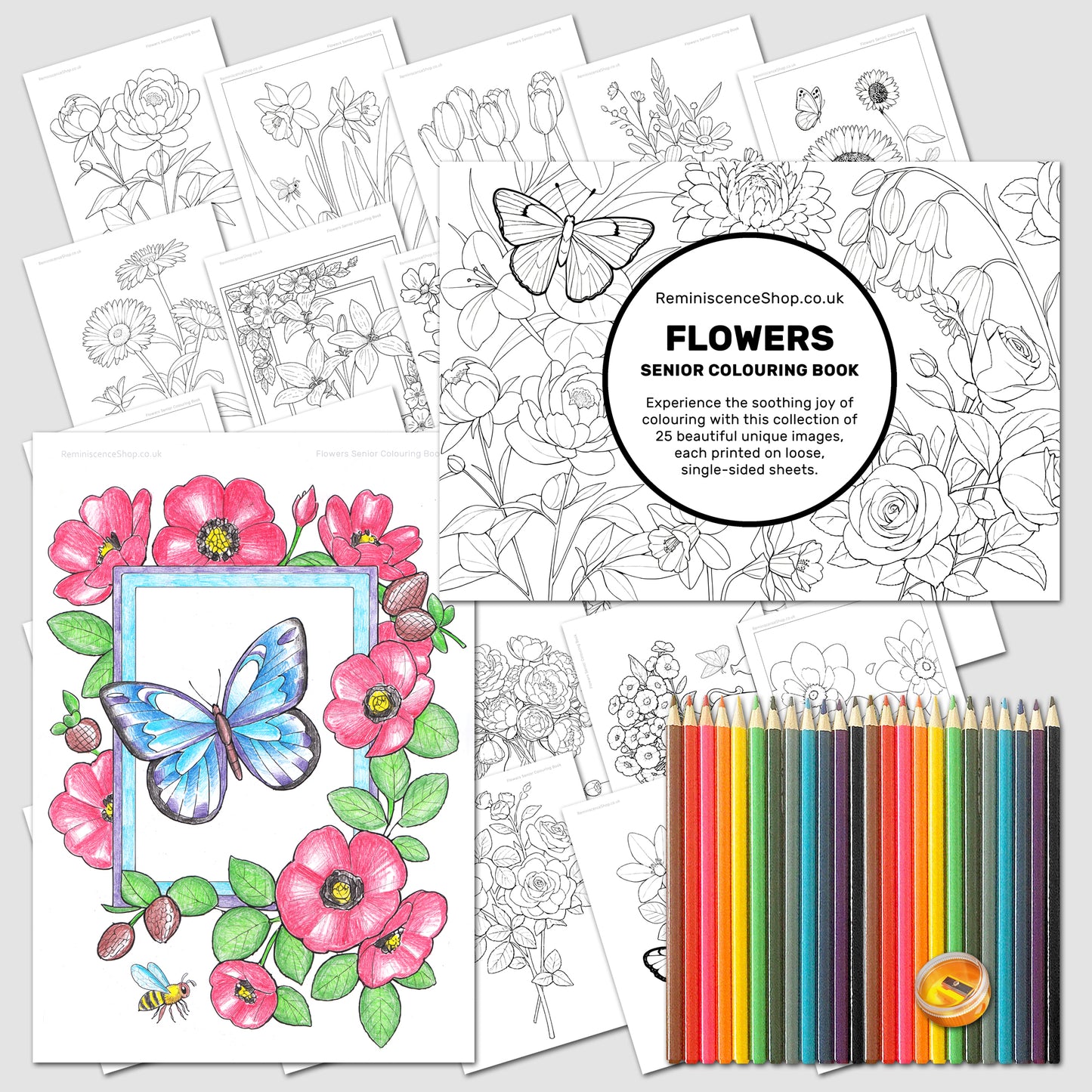 Flowers Senior Colouring Book + Pencils + Sharpener