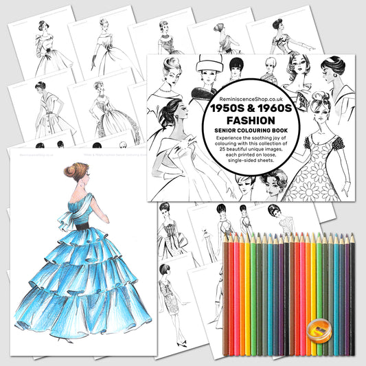 1950s & 1960s Fashion Senior Colouring Book + Pencils + Sharpener