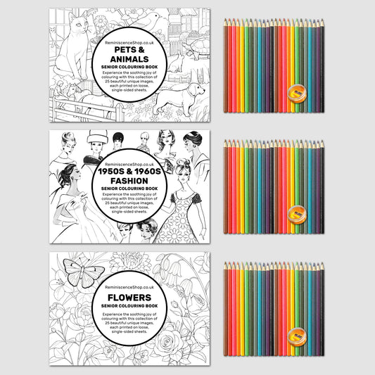 3 x Senior Colouring Books + Pencils + Sharpeners